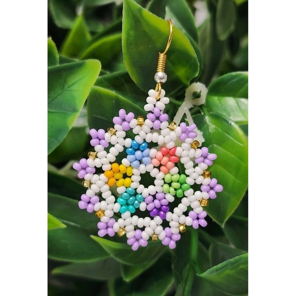 Handmade Beaded Flower Earrings - Colorful Boho Mandala Drop Jewelry - Gift